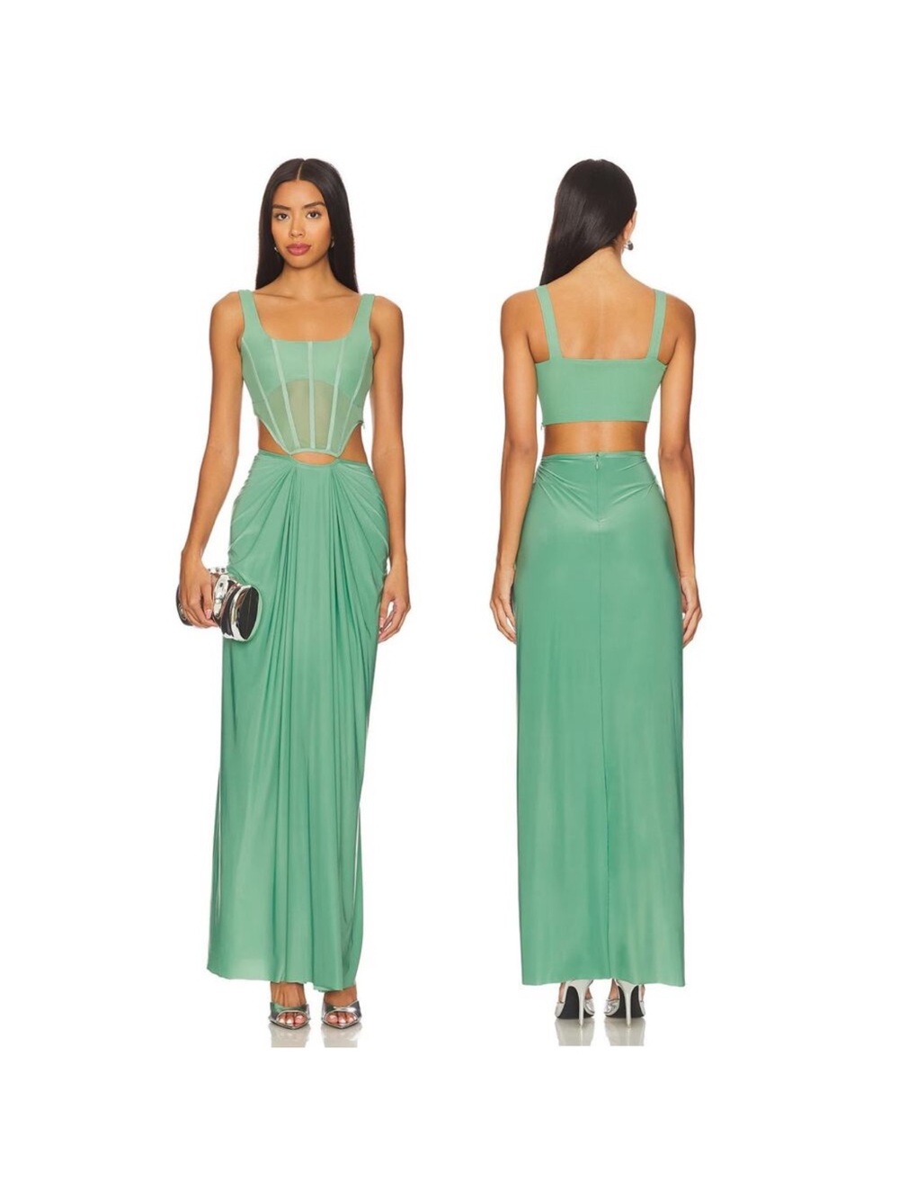 Green Mesh Bodice Cutout Maxi Dress